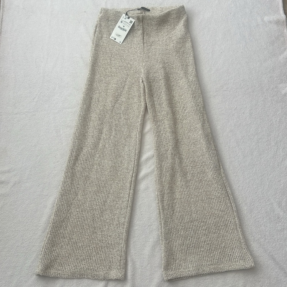Zara NWT Beige Textured Bouclé Wide Leg Pants Size M - Picture 5 of 8